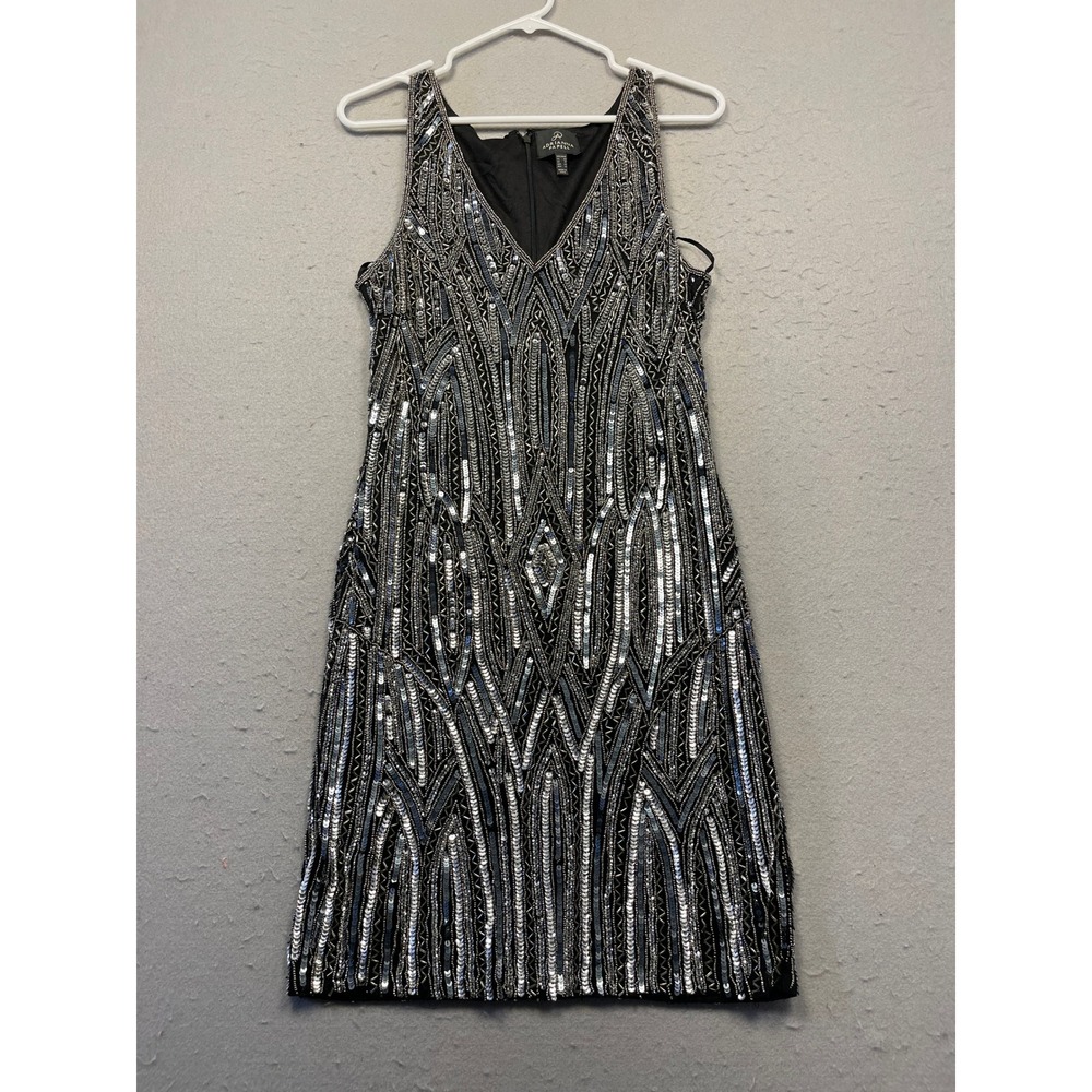 Adrianna Papell Shift Dress Sequin Beaded Black Silver Size US 8 EU 40 Womens